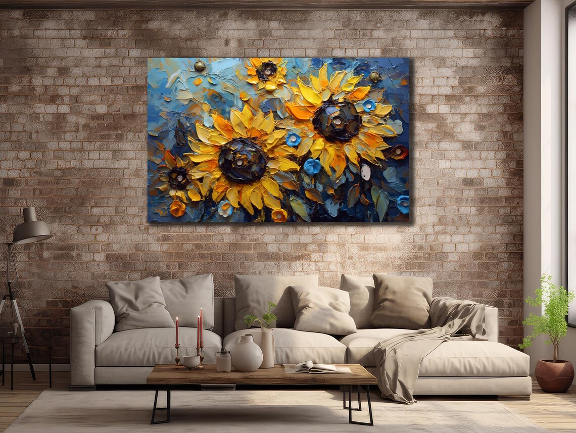 Sunflowers Palette Knife Impasto Yellow Blooms on Blue Artwork Poster - Image 2