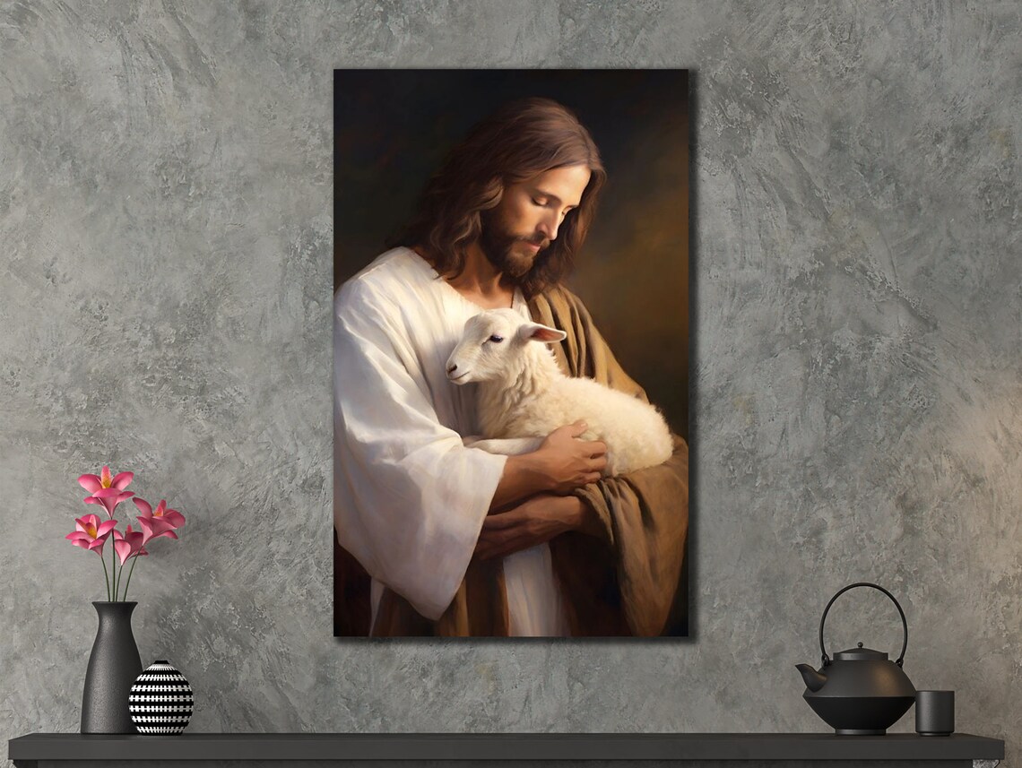 Jesus Holding Lamb Gentle Dark Background Faith Christian Wall Art Poster - Image 2