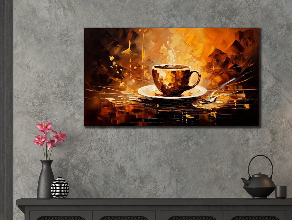 Golden Coffee Cup Steaming Amber Tones Kitchen Cafe Wall Art Print - Image 3