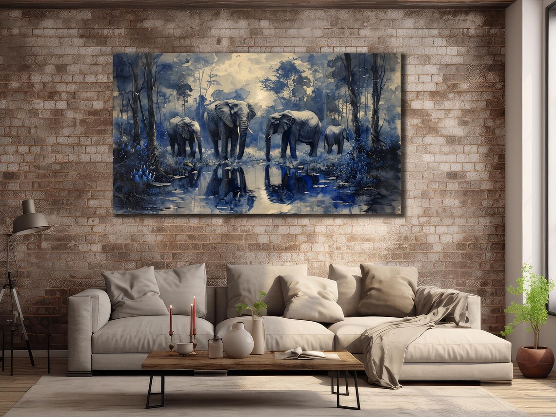 Elephant Herd Blue Forest Waterhole Misty Reflection Wildlife Poster - Image 2