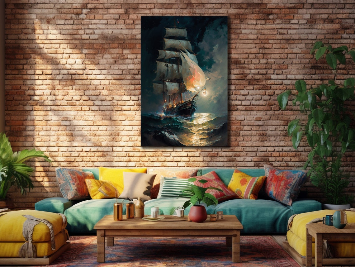 Vintage Tall Ship Moonlit Ocean Night Seascape Oil Painting Poster - Image 3