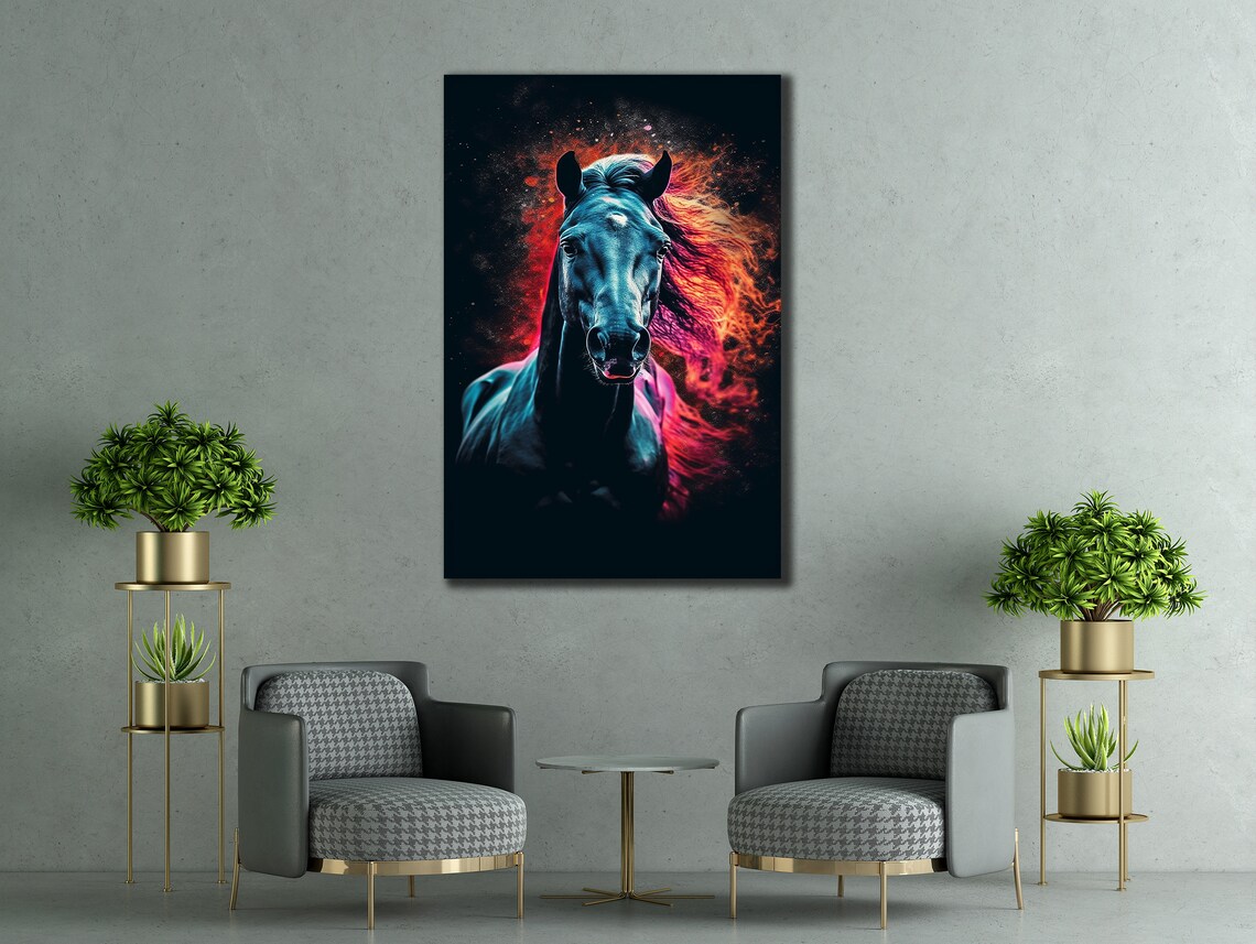 Black Horse Colorful Fiery Mane Neon Style Animal Wall Art Poster - Image 3
