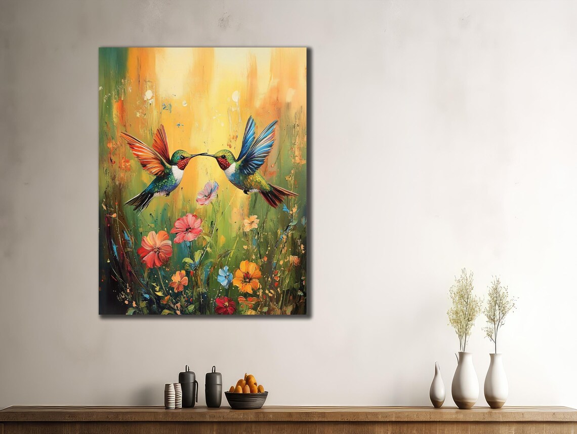 Hummingbird Couple Kissing Over Wildflower Meadow Colorful Art Poster - Image 3