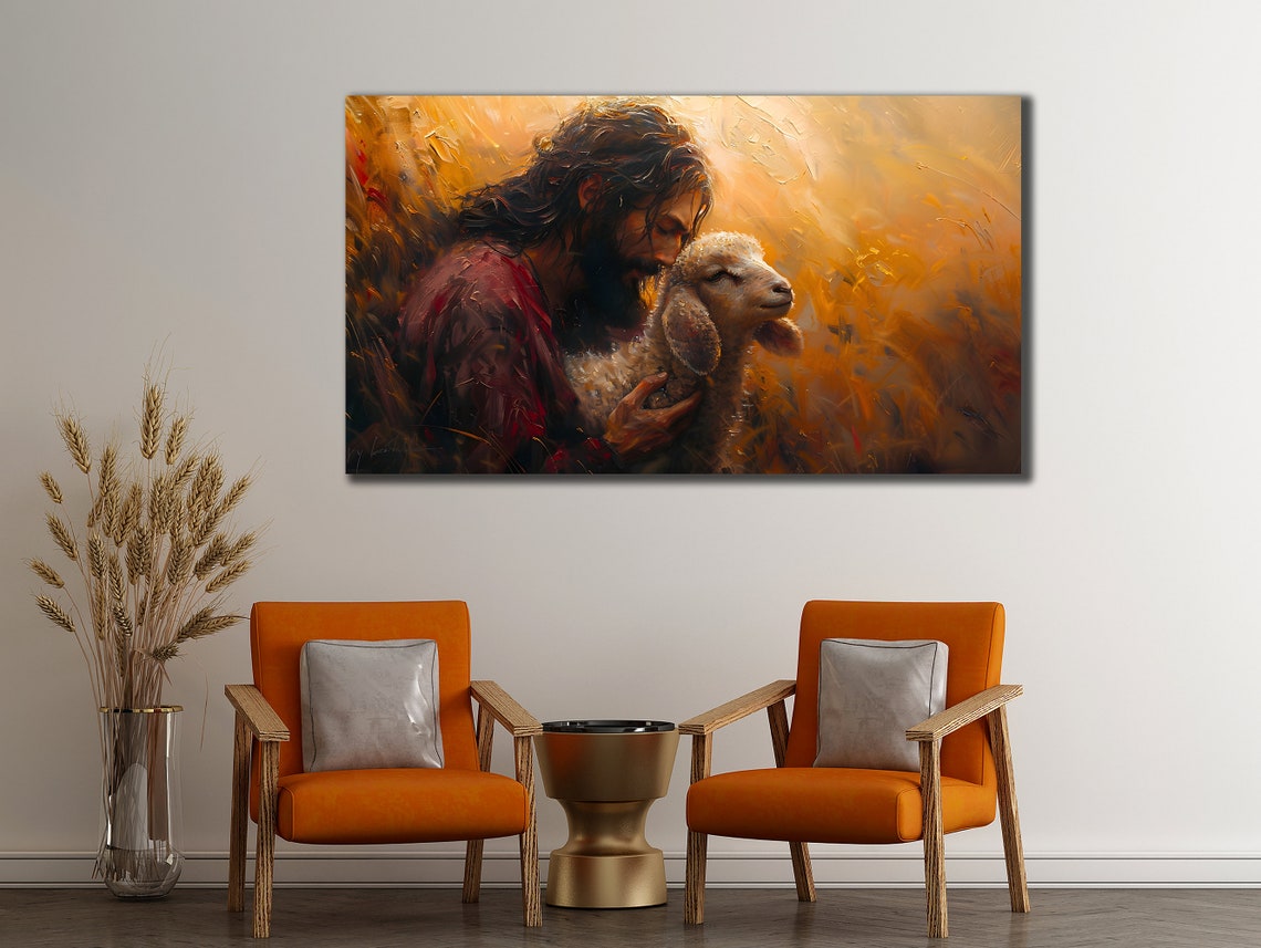 Jesus Good Shepherd Holding Lamb Golden Christian Wall Art Poster - Image 3