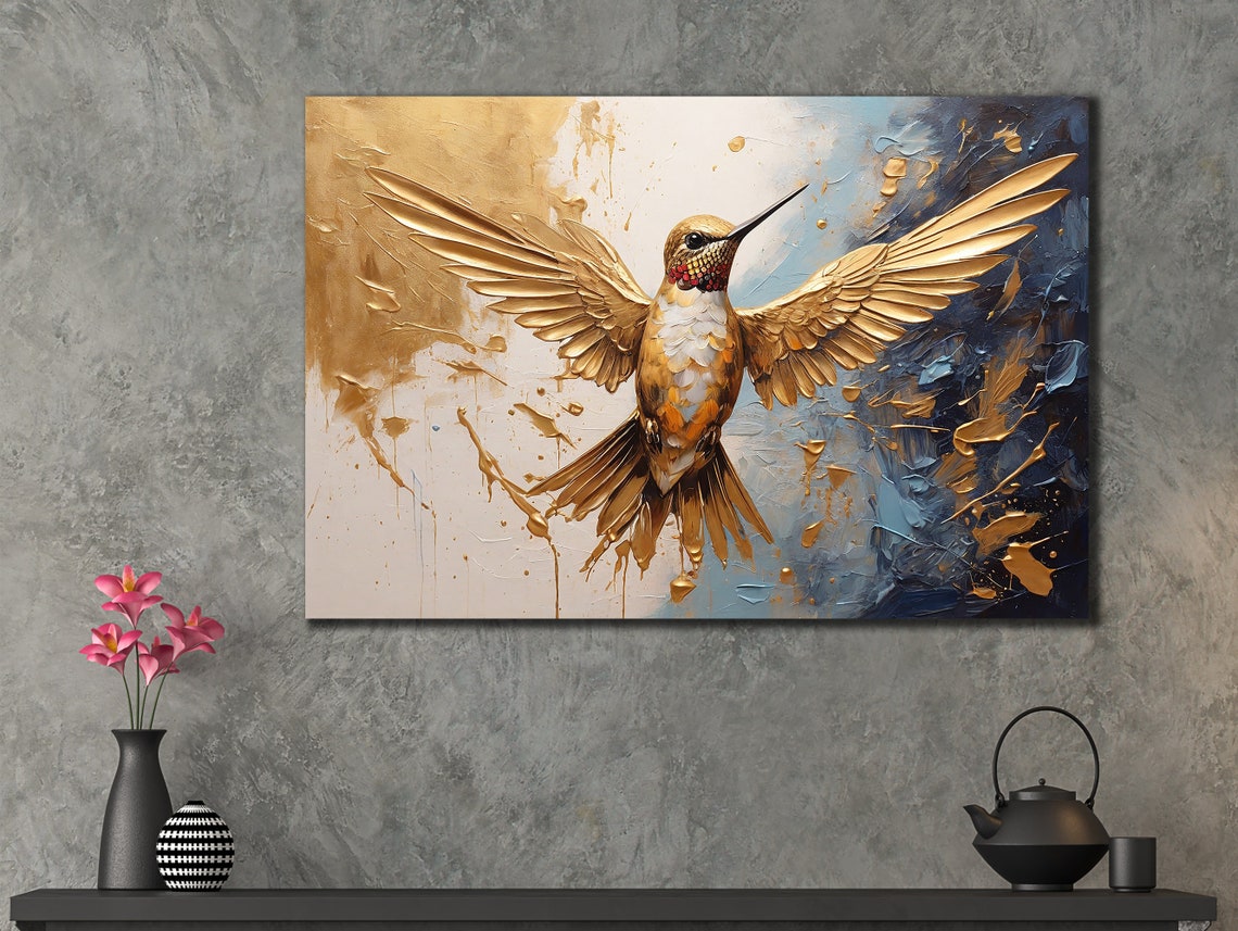 Golden Hummingbird Spread Wings Blue Gold Abstract Bird Wall Art - Image 3