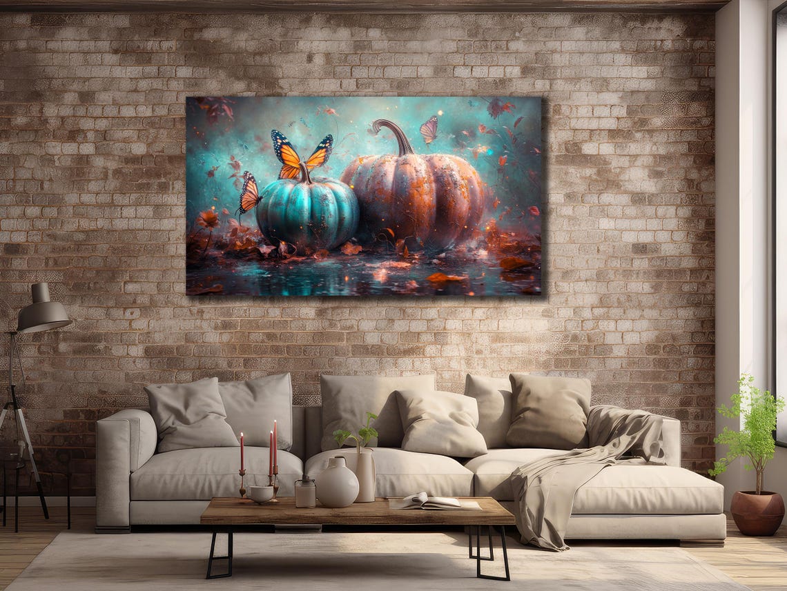 Teal And Rustic Pumpkins Monarch Butterflies Fall Autumn Art Poster - Image 2