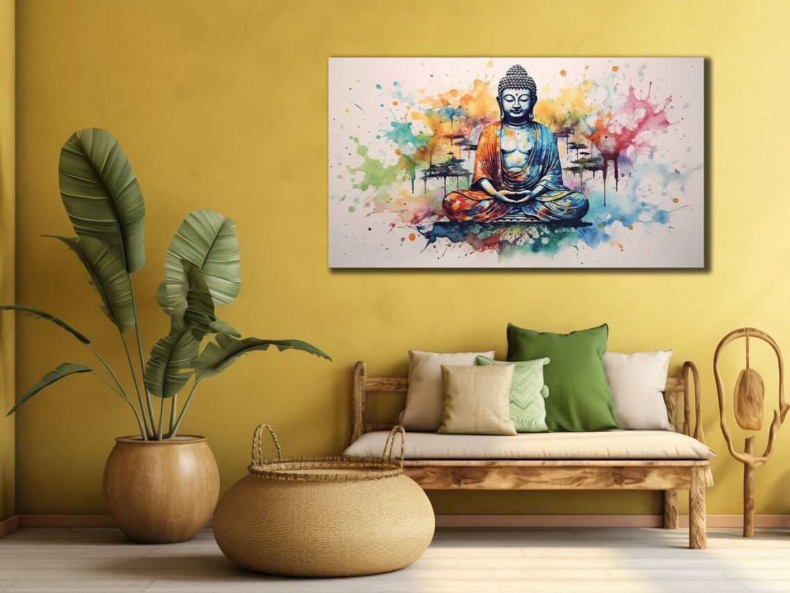 Meditating Buddha Watercolor Splash Zen Spiritual Wall Art Poster