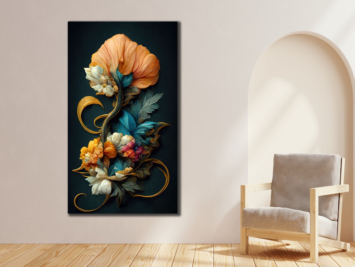 Baroque Floral Bouquet Orange Teal Gold Dark Background Art Poster - Image 2