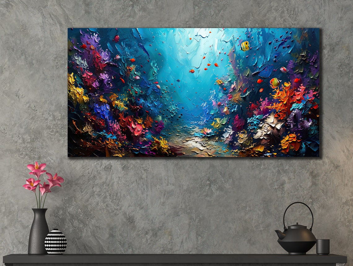 Blue Ocean Art Print For Bedroom Decor Fishes Wall Decor Sea Oil Painting Animal Print On Underwater Life Painting Art - Image 3