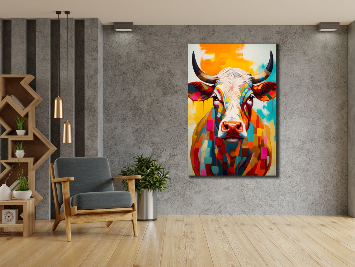 Colorful Cow Printing Cow Wall Decor Abstract Animal Wall Art Painting On Colorful Animal Art Farmhouse For Gifts - Image 2