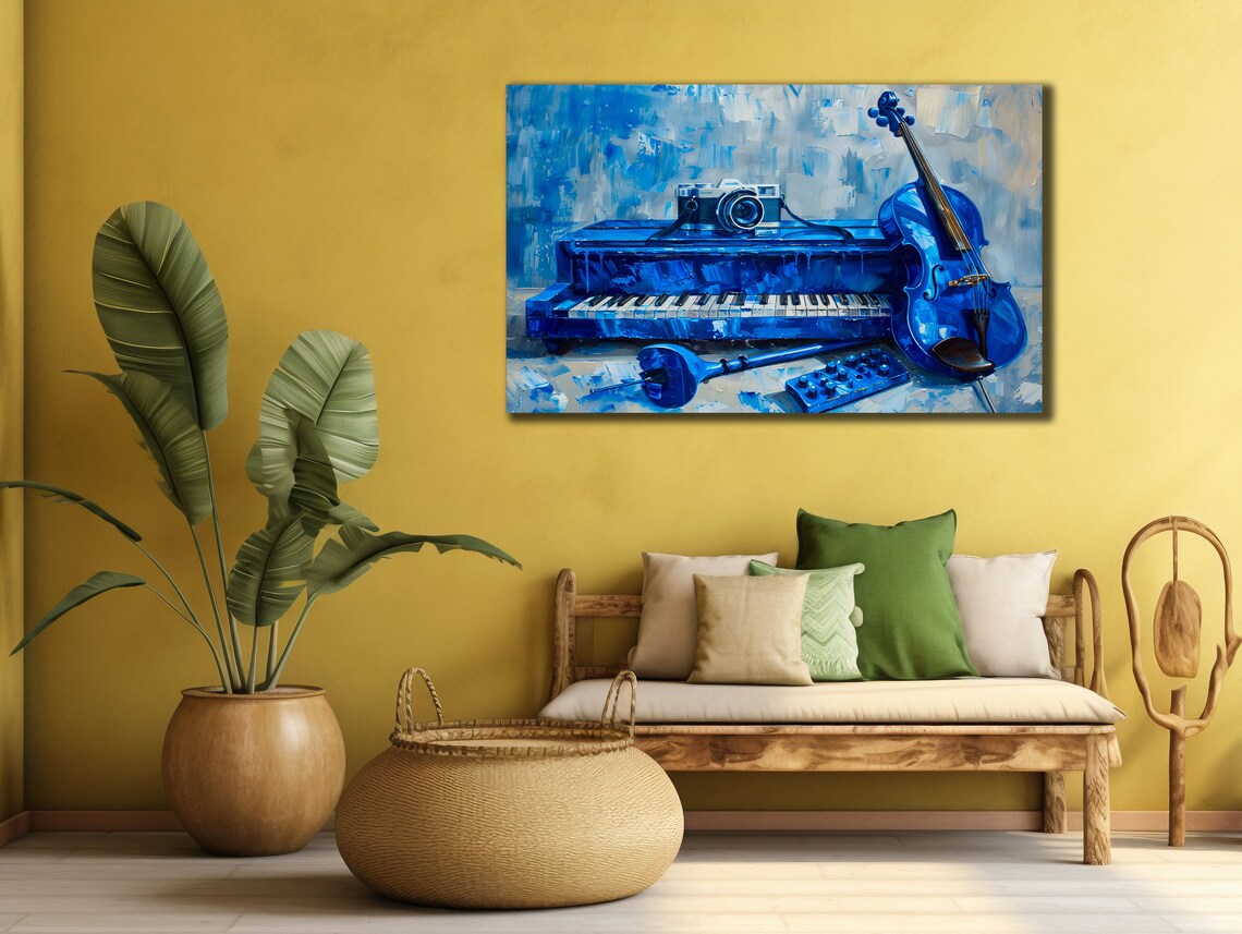 Blue Piano with Violin and Vintage Camera Still Life Music Poster