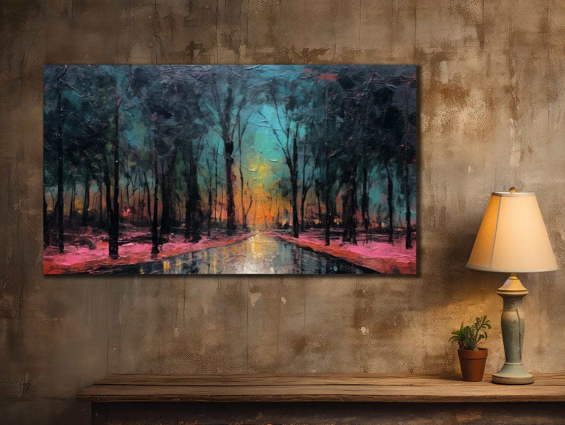 Forest Path at Sunset Dark Trees Pink Ground Glow Landscape Art Poster - Image 2