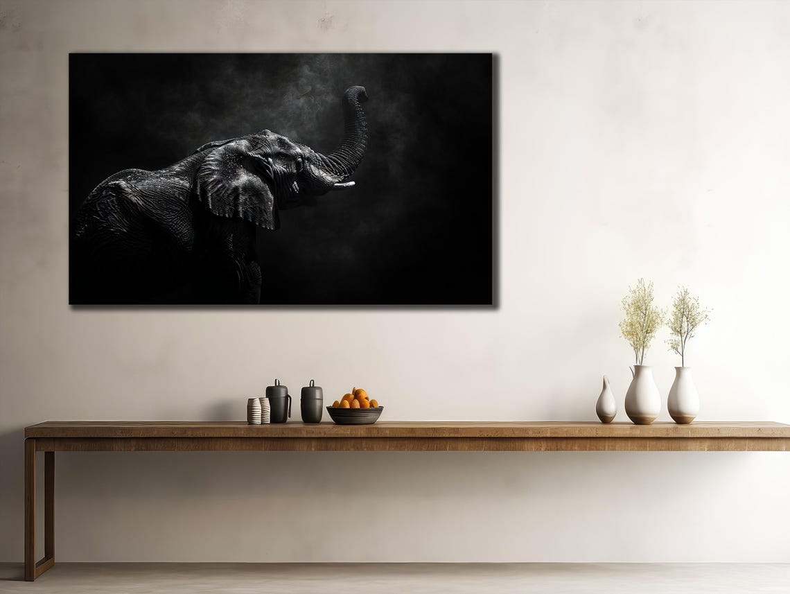 Black Elephant Trunk Up Dark Moody Dramatic Safari Wildlife Poster - Image 2