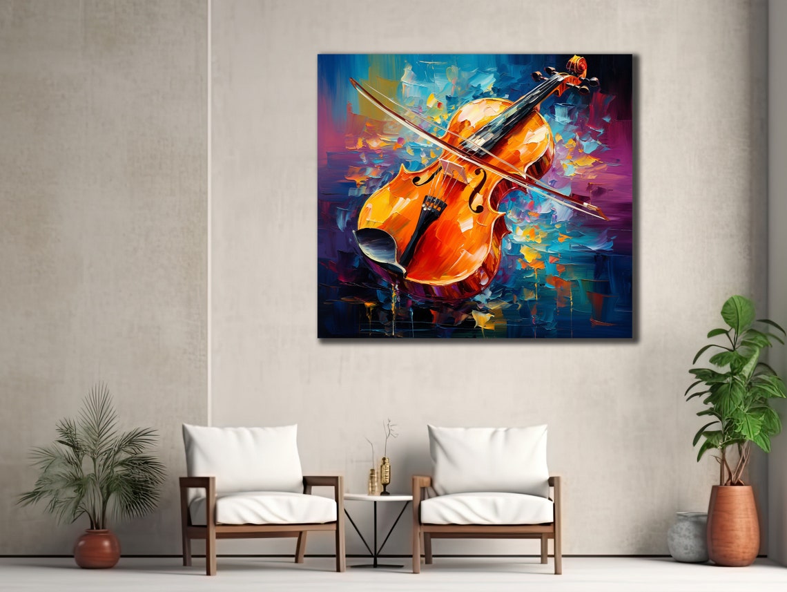 Orange Violin Bow Blue Purple Abstract Dynamic Strings Art Poster - Image 2