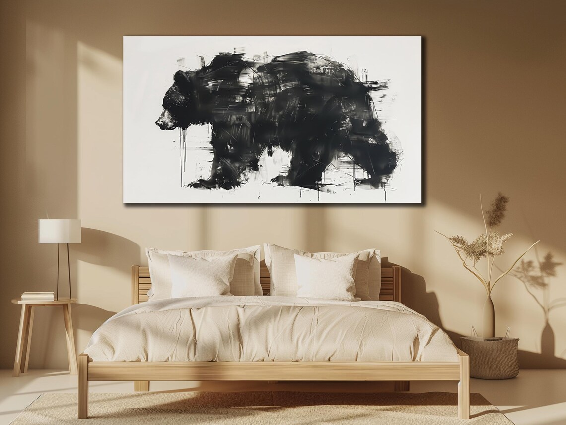 Black Bear Walking Monochrome Abstract Brushstroke Wildlife Wall Poster