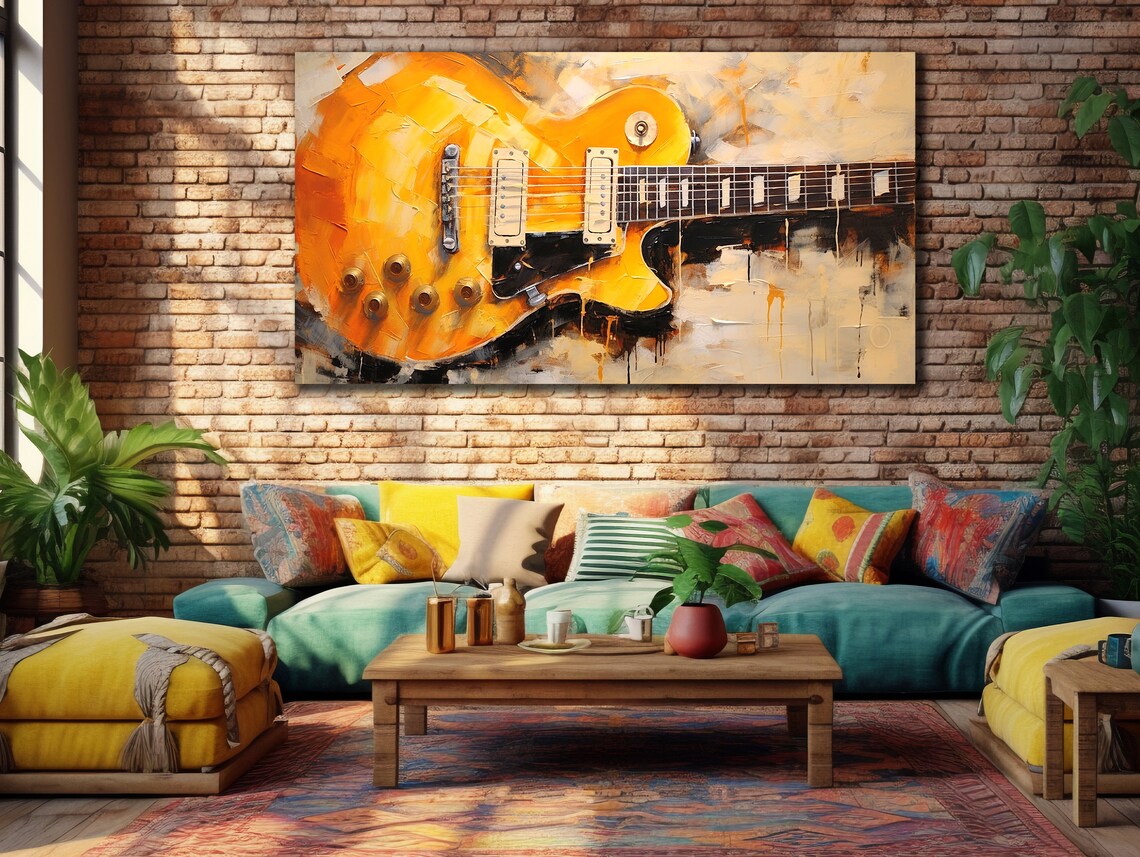 Golden Electric Guitar Textured Oil Painting Rock Music Decor Poster