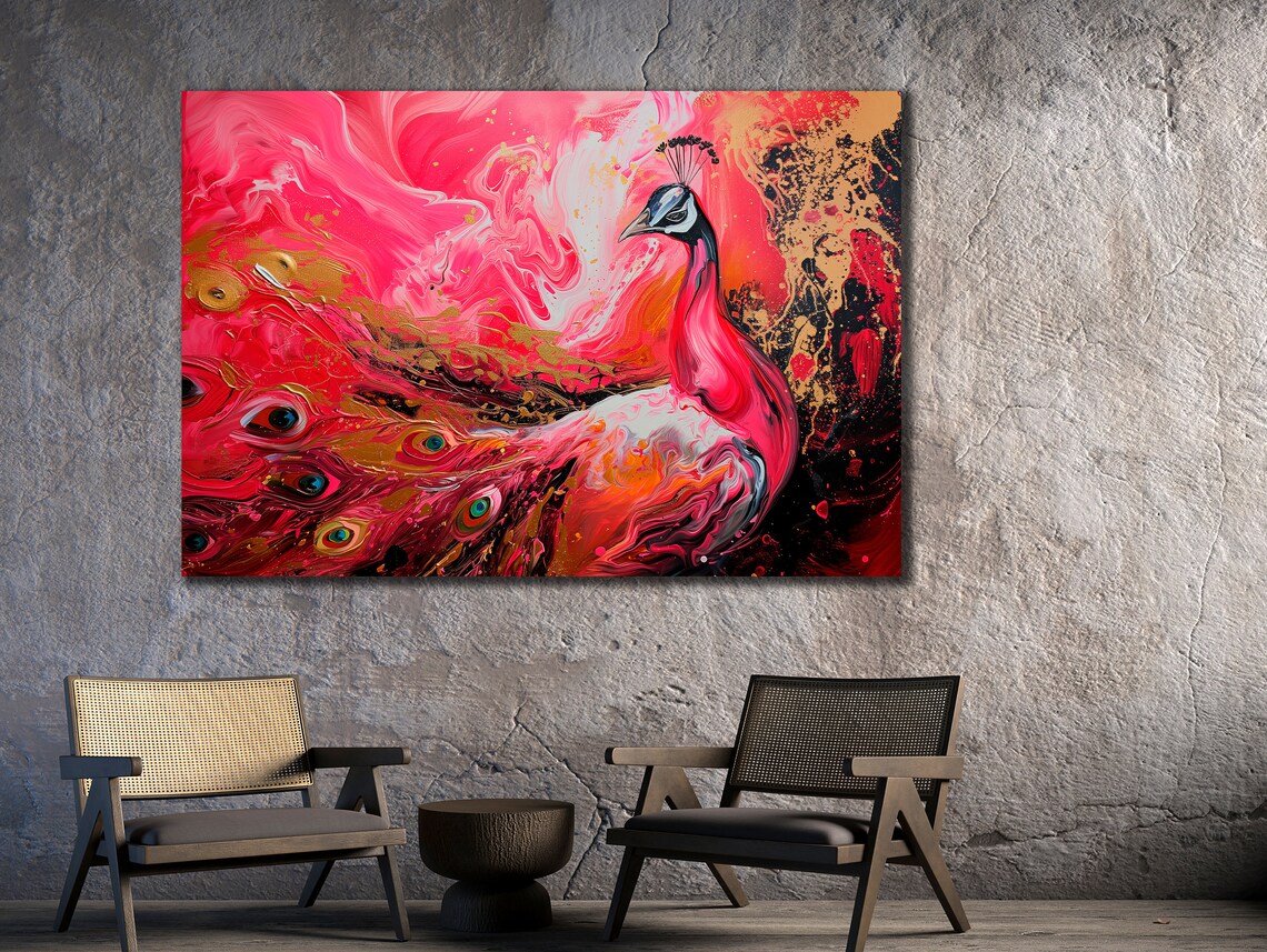 Pink Gold Abstract Peacock Fluid Acrylic Elegant Bird Wall Art Poster - Image 2