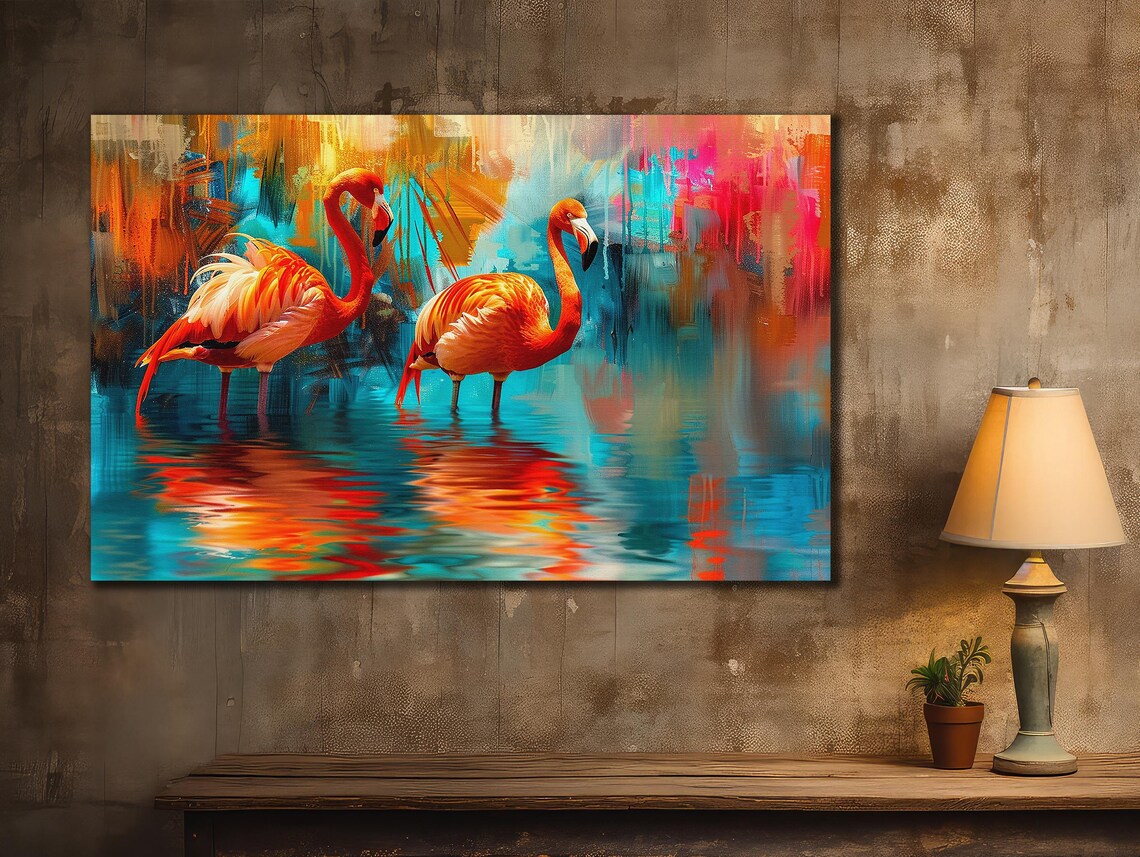 Two Flamingos Colorful Lagoon Orange Pink Reflections Art Print