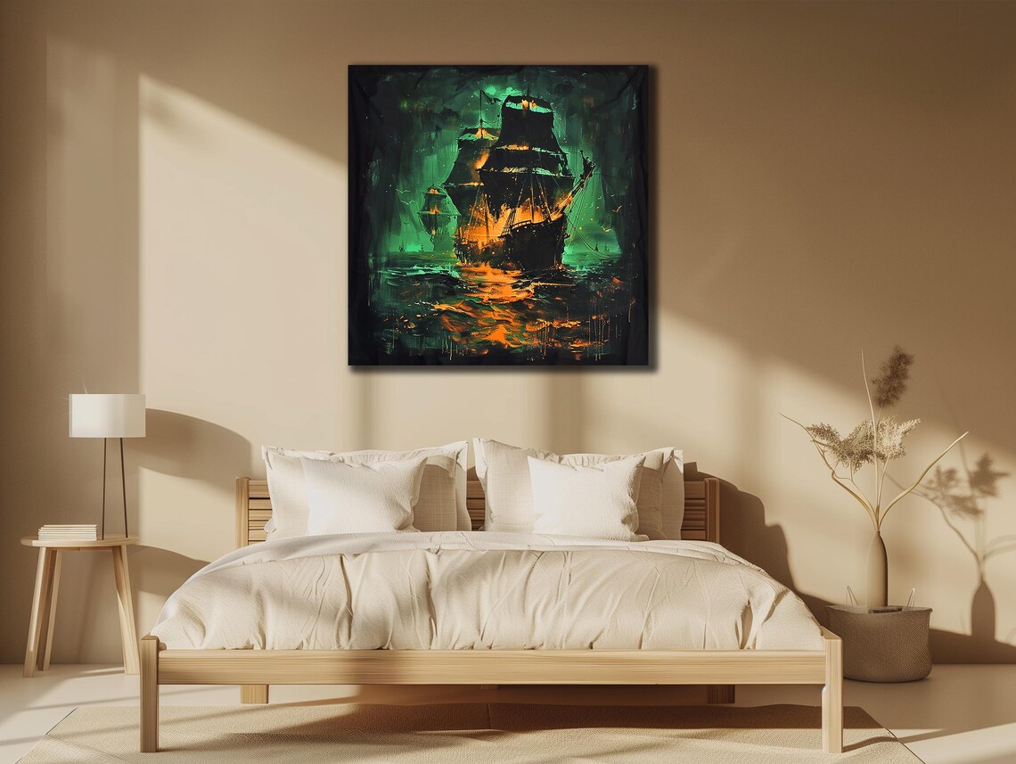 Ghost Ship Sailing Stormy Green Night Sea Glowing Orange Pirate Poster - Image 3