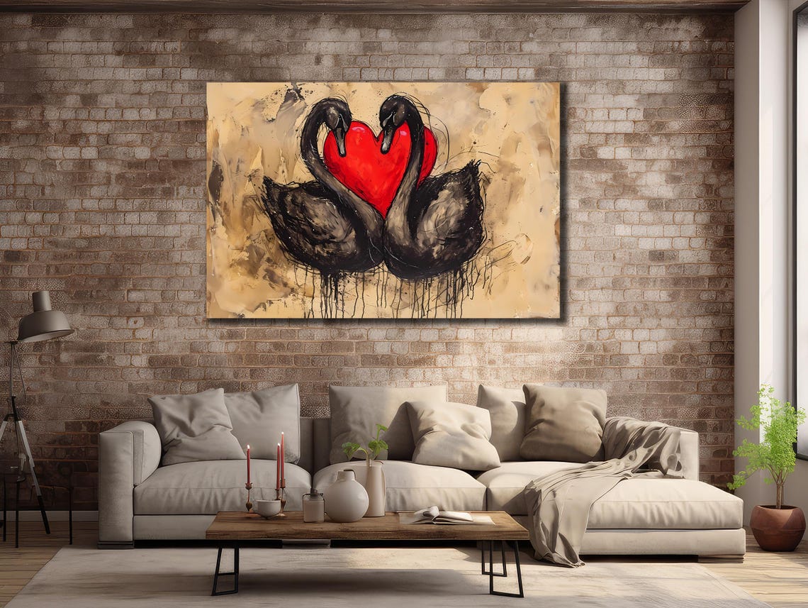 Two Black Swans Red Heart Love Romantic Couple Elegant Wall Poster