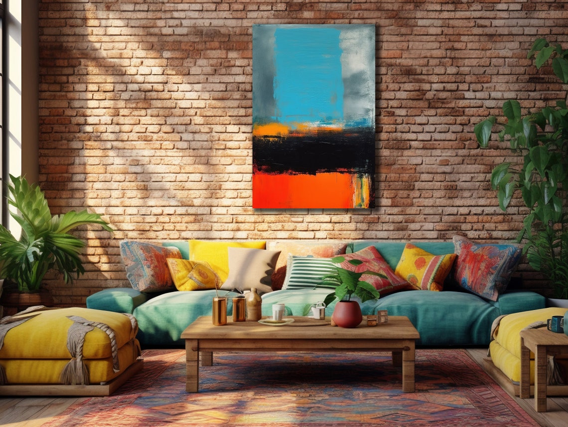 Turquoise Orange Black Abstract Vertical Modern Bold Canvas Art Poster - Image 3