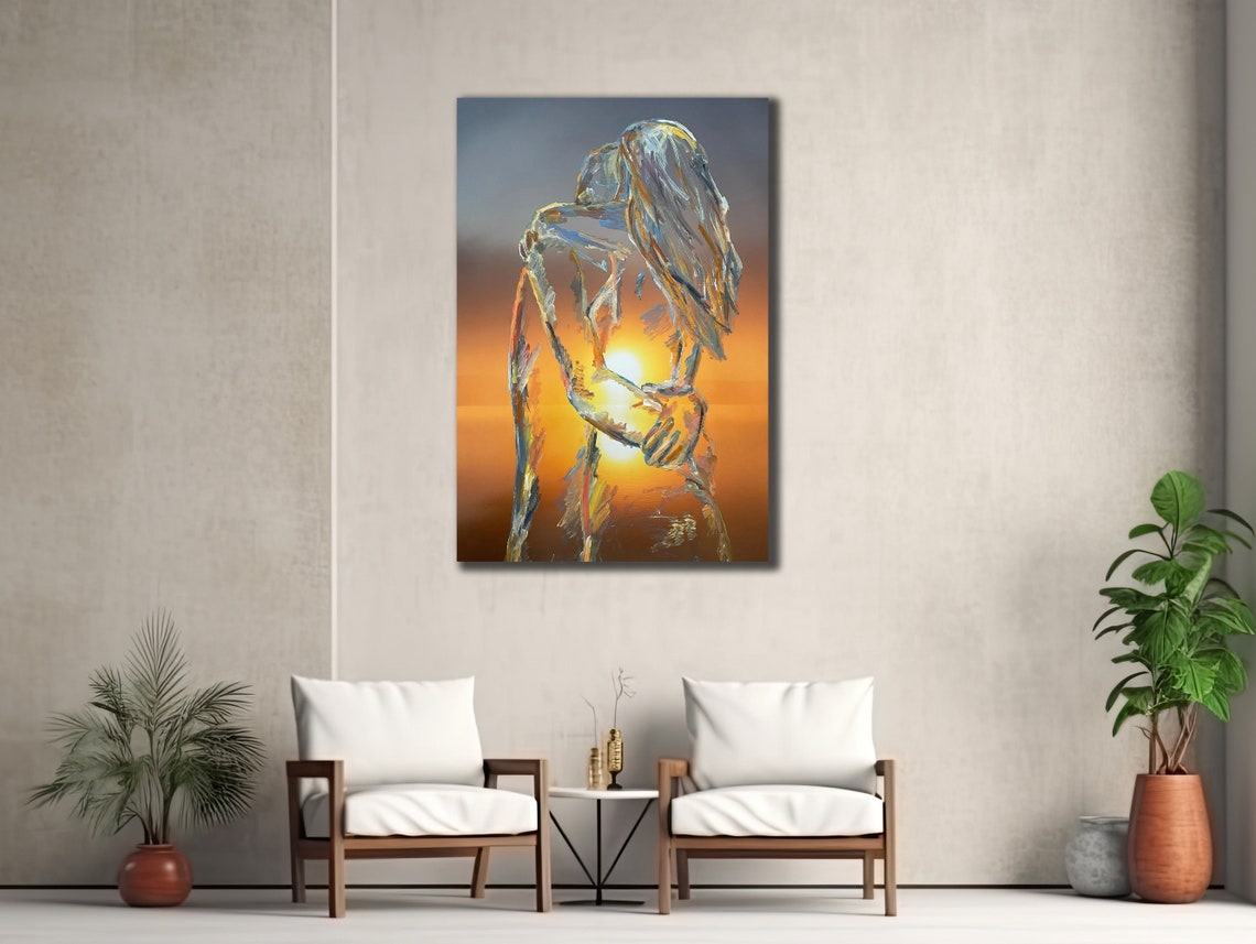 Embracing Couple Silhouette Sunset Abstract Romantic Wall Art Print