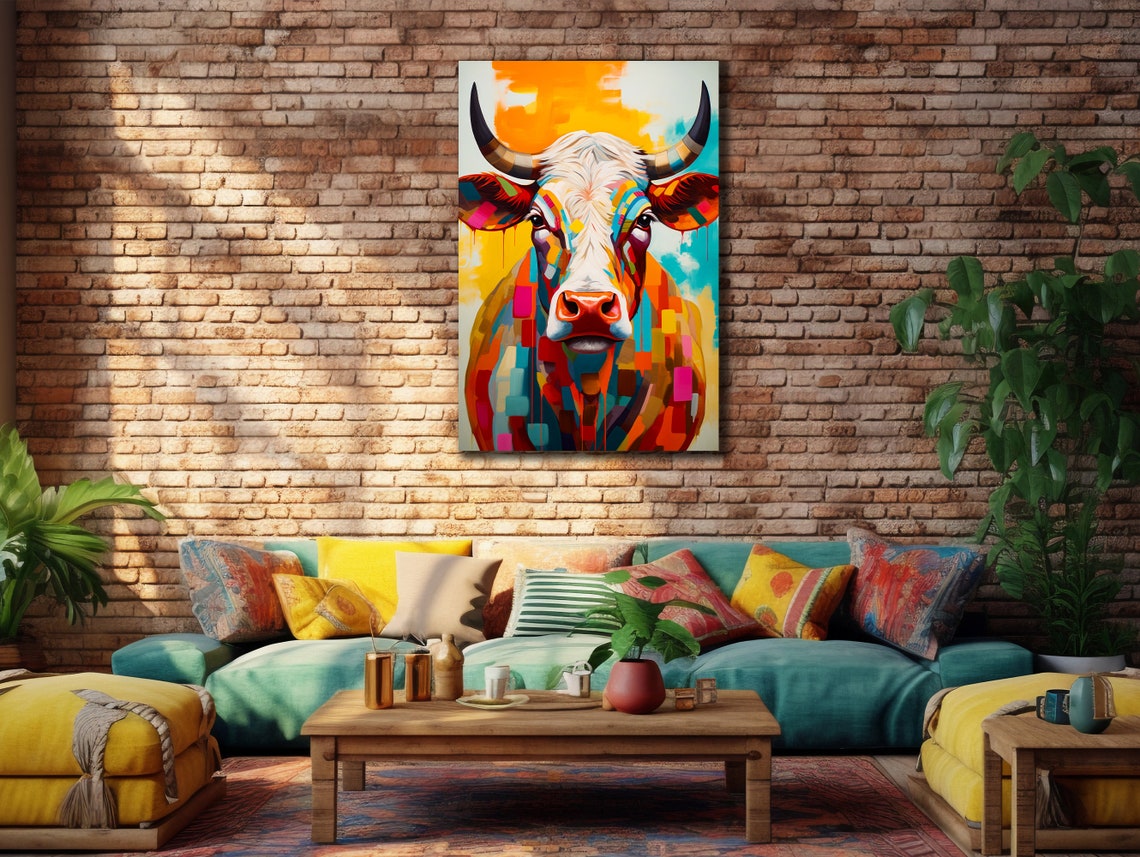 Colorful Cow Printing Cow Wall Decor Abstract Animal Wall Art Painting On Colorful Animal Art Farmhouse For Gifts - Image 3