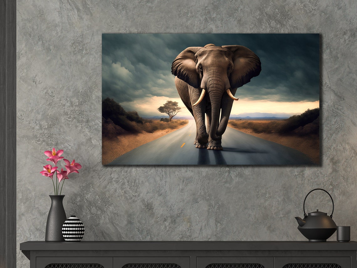 Lone Elephant Walking Road Stormy Sky African Wildlife Art Poster - Image 3
