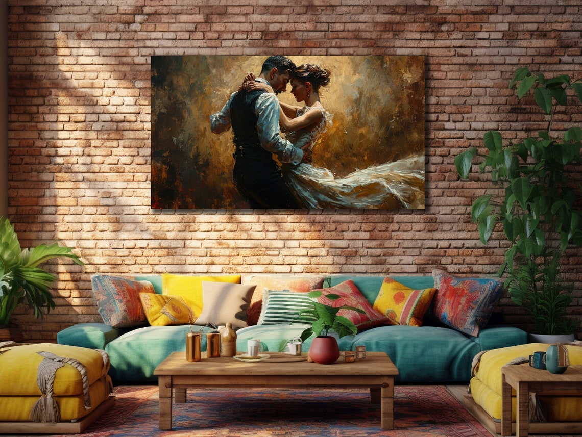 Romantic Couple Tango Dancing Embrace Golden Painting Wall Poster - Image 2