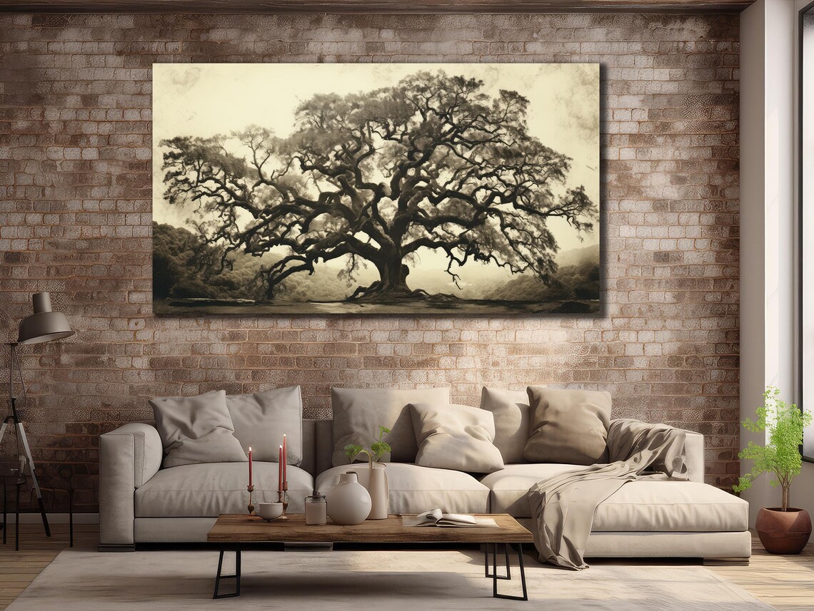 Vintage Old Oak Tree Sepia Toned Classic Landscape Nature Art Poster