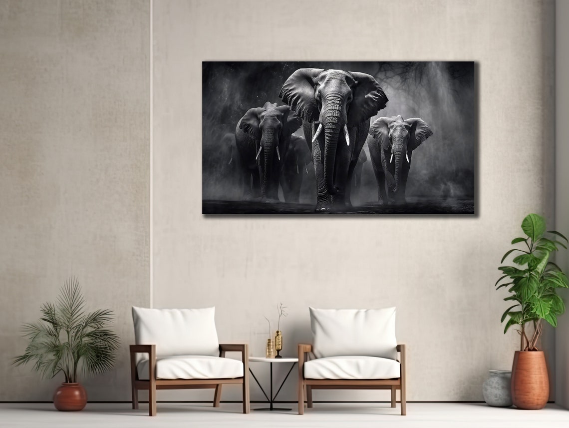 Elephant Herd Dark Smoky Background Black White Wildlife Art Poster - Image 3