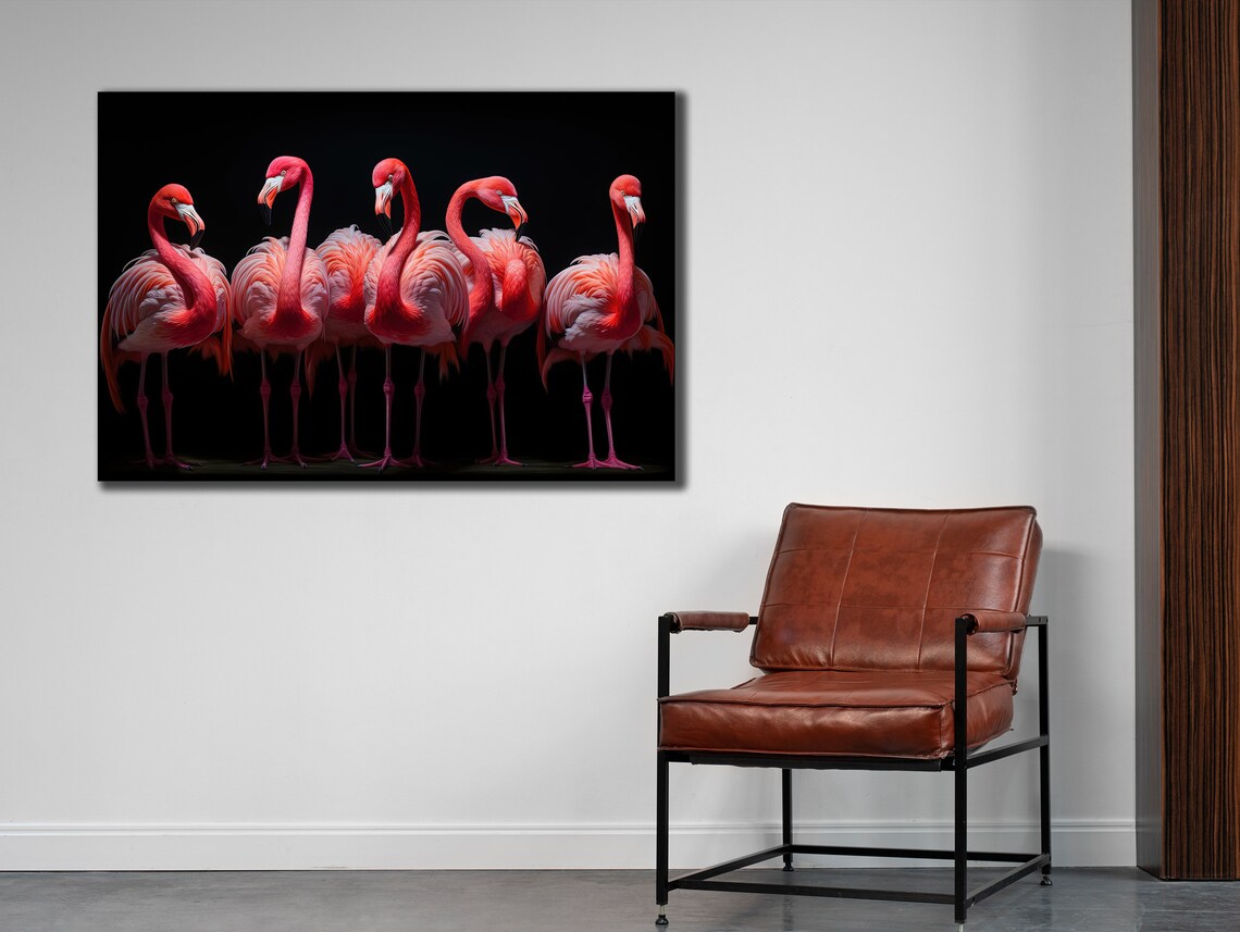 Pink Flamingos Row Elegant Black Background Tropical Birds Poster - Image 2