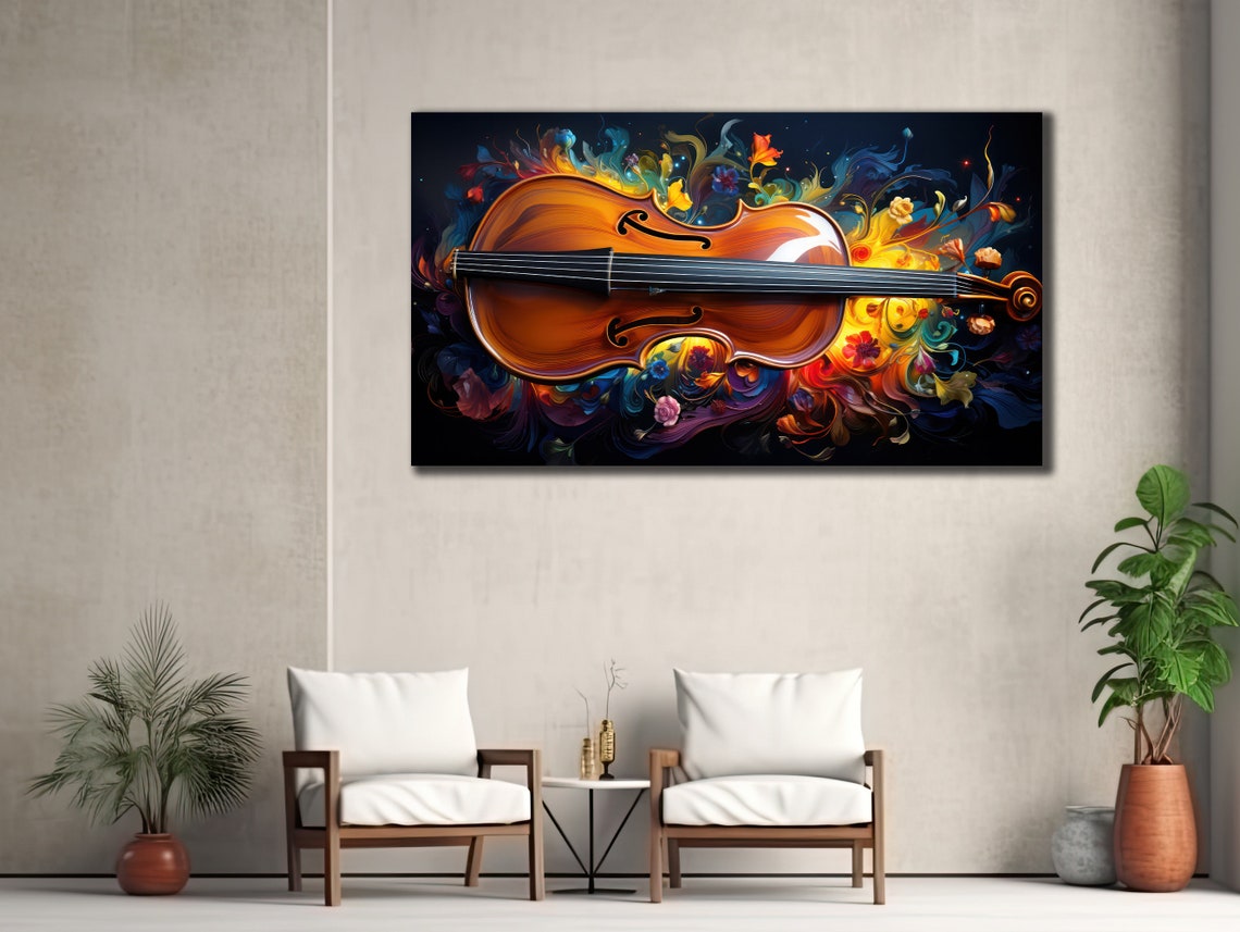 Glowing Violin Floral Smoke Swirls Vibrant Music Artwork Poster