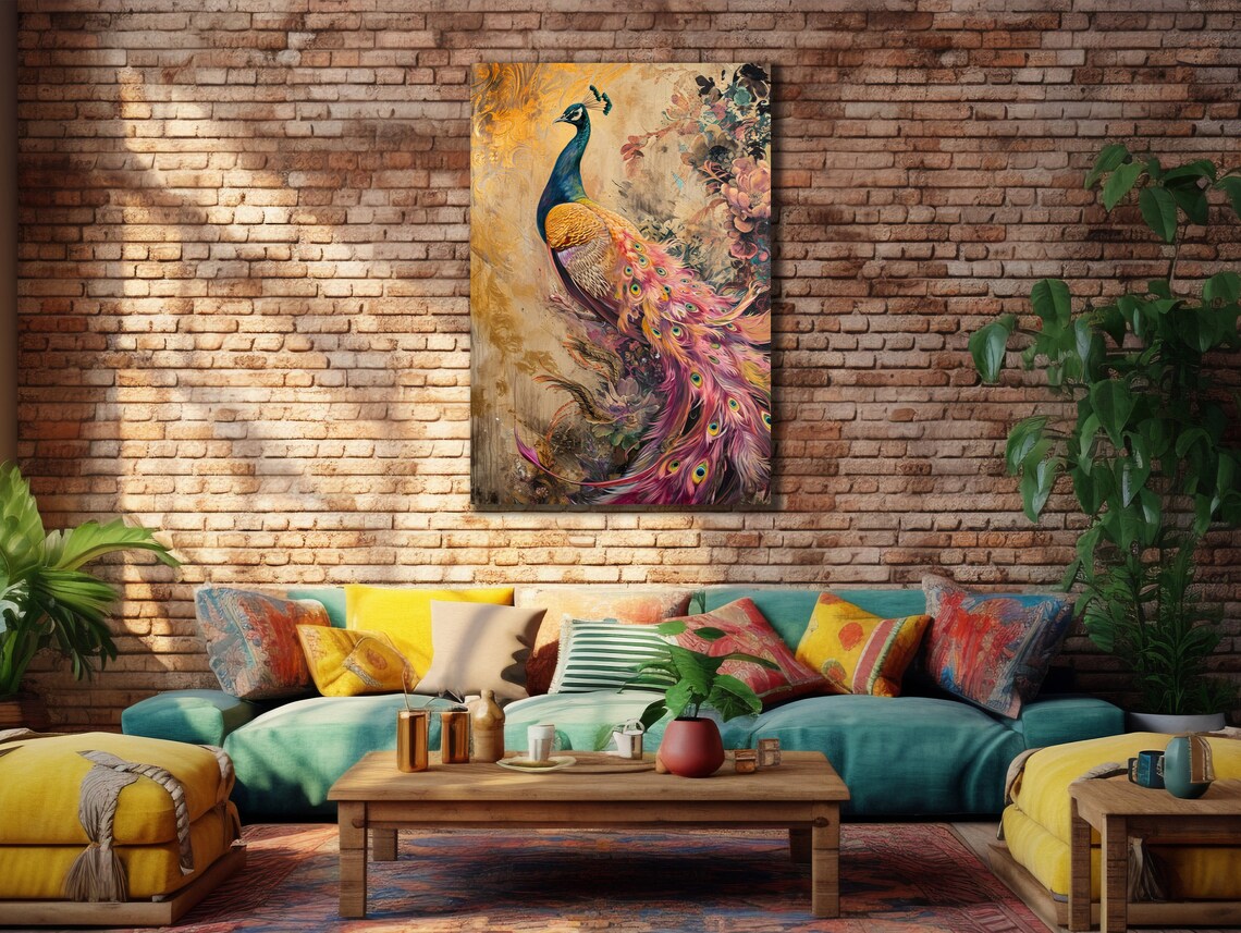 Elegant Peacock in Gold and Pink Vintage Floral Style Poster - Image 3