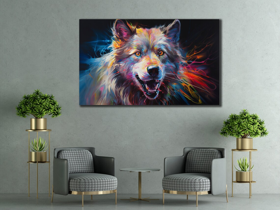Colorful Wolf Face Neon Splash Art Dark Background Fierce Wild Animal Wall Poster - Image 2