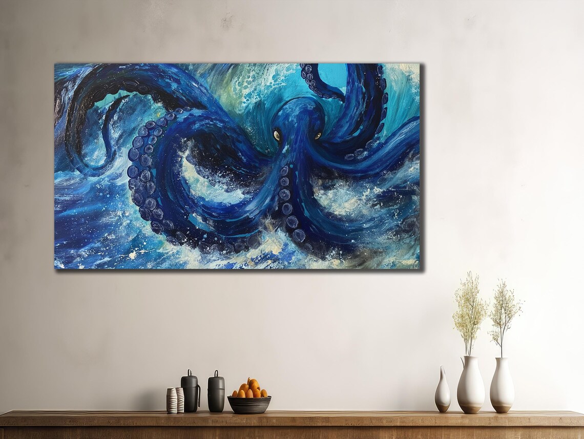 Majestic Dark Blue Octopus Ocean Waves Dramatic Sea Life Poster - Image 3