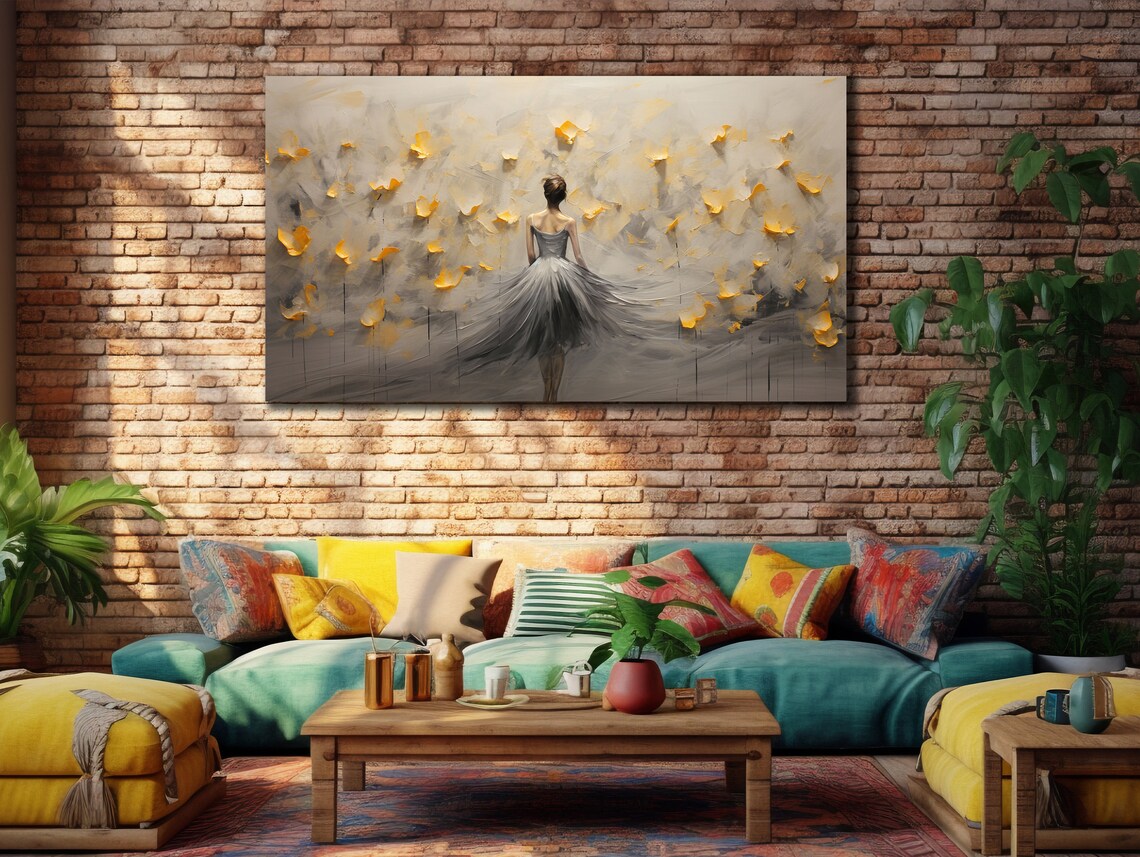 Ballerina Dancer Gray Gold Abstract Flowing Tutu Dance Wall Art - Image 3