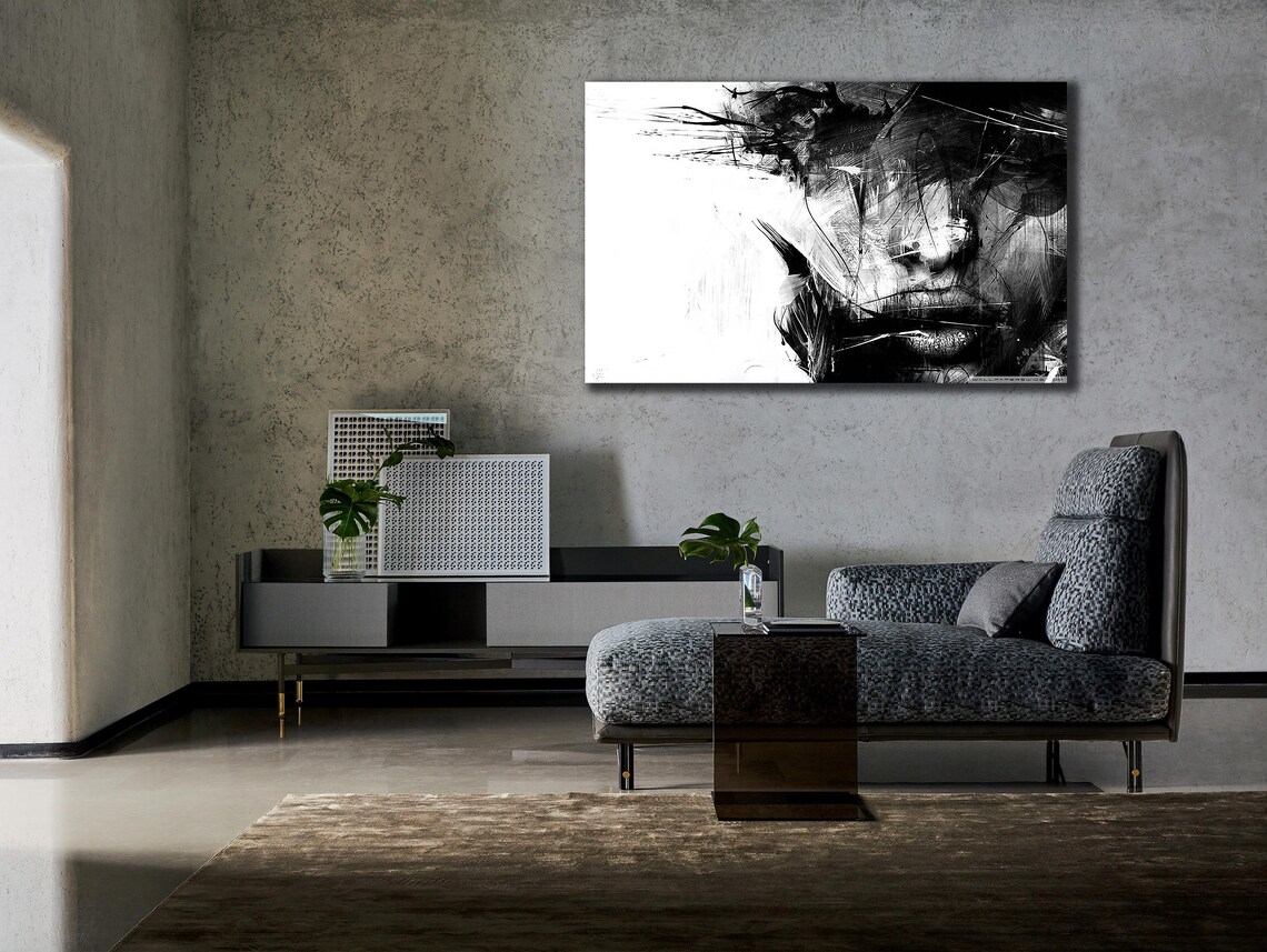 Abstract Black White Woman Face Ink Sketch Minimalist Wall Art Print
