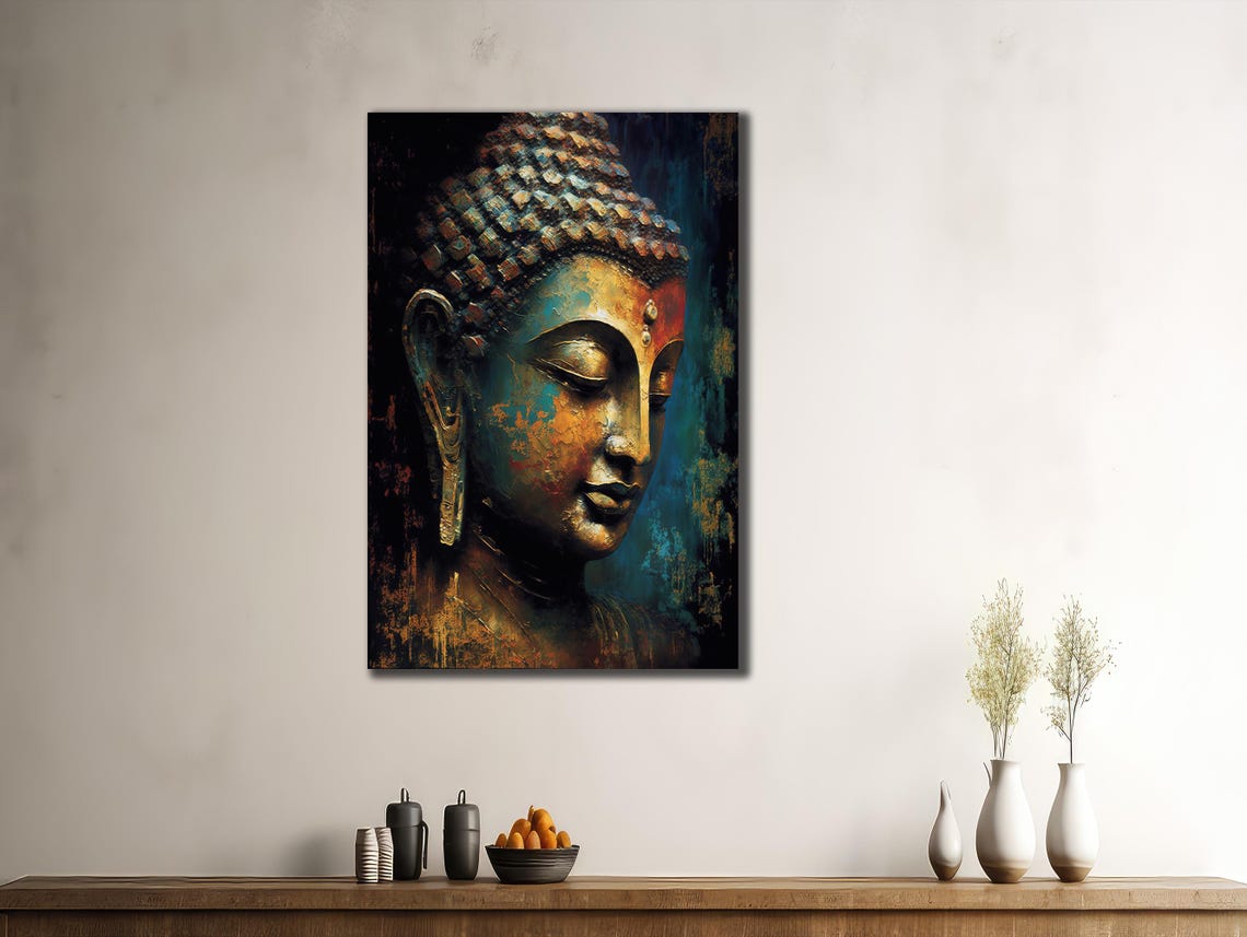 Buddha Face Blue Gold Aged Texture Zen Spiritual Wall Art Print - Image 3
