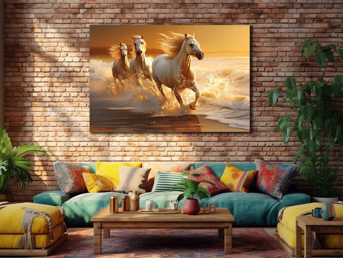White Horses Running Ocean Waves Golden Sunset Beach Art Poster