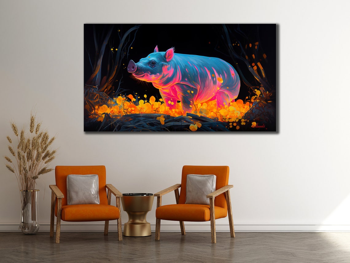 Neon Glowing Pig Vibrant Digital Pop Art Night Wildlife Poster
