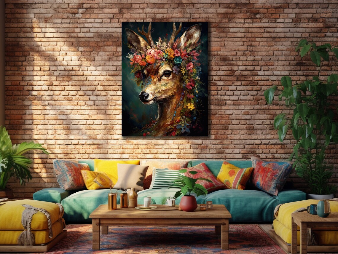 Deer Portrait With Floral Crown Colorful Botanical Animal Wall Print - Image 3