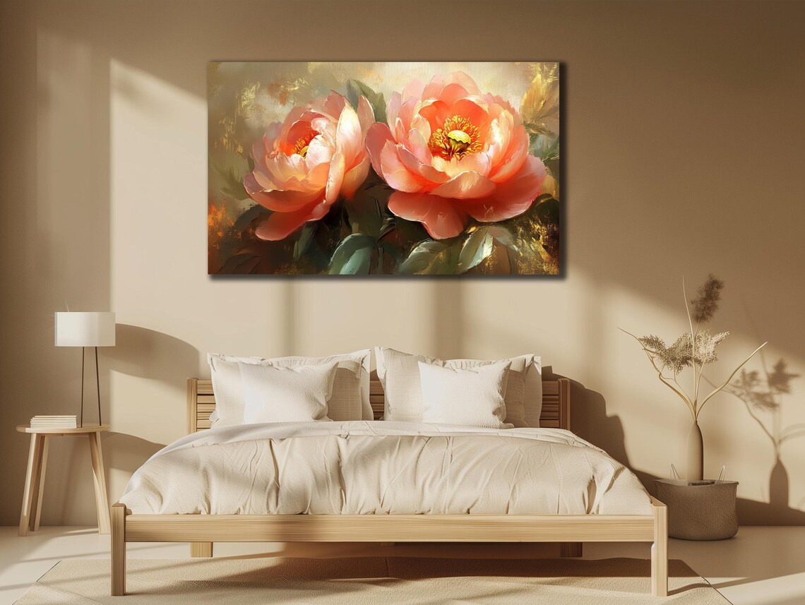 Coral Pink Peony Blossoms Golden Oil Painting Floral Wall Art Poster - Image 3