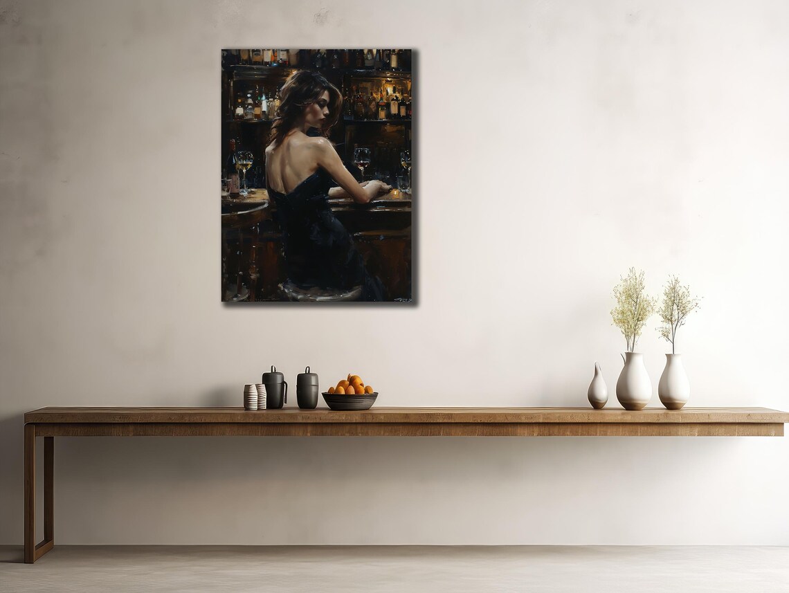 Woman at the Bar Black Dress Moody Night Oil Painting Wall Art Poster - Image 2