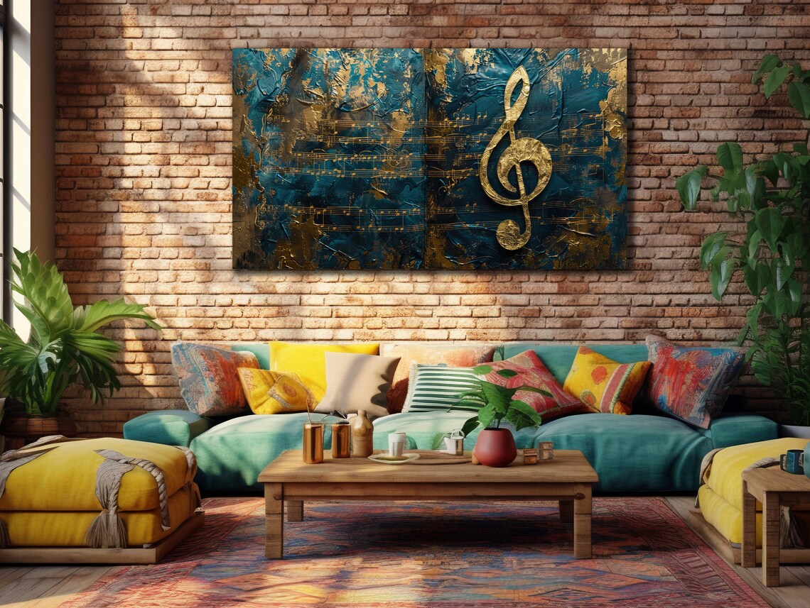 Gold Treble Clef Teal Textured Sheet Music Abstract Musician Wall Art Poster