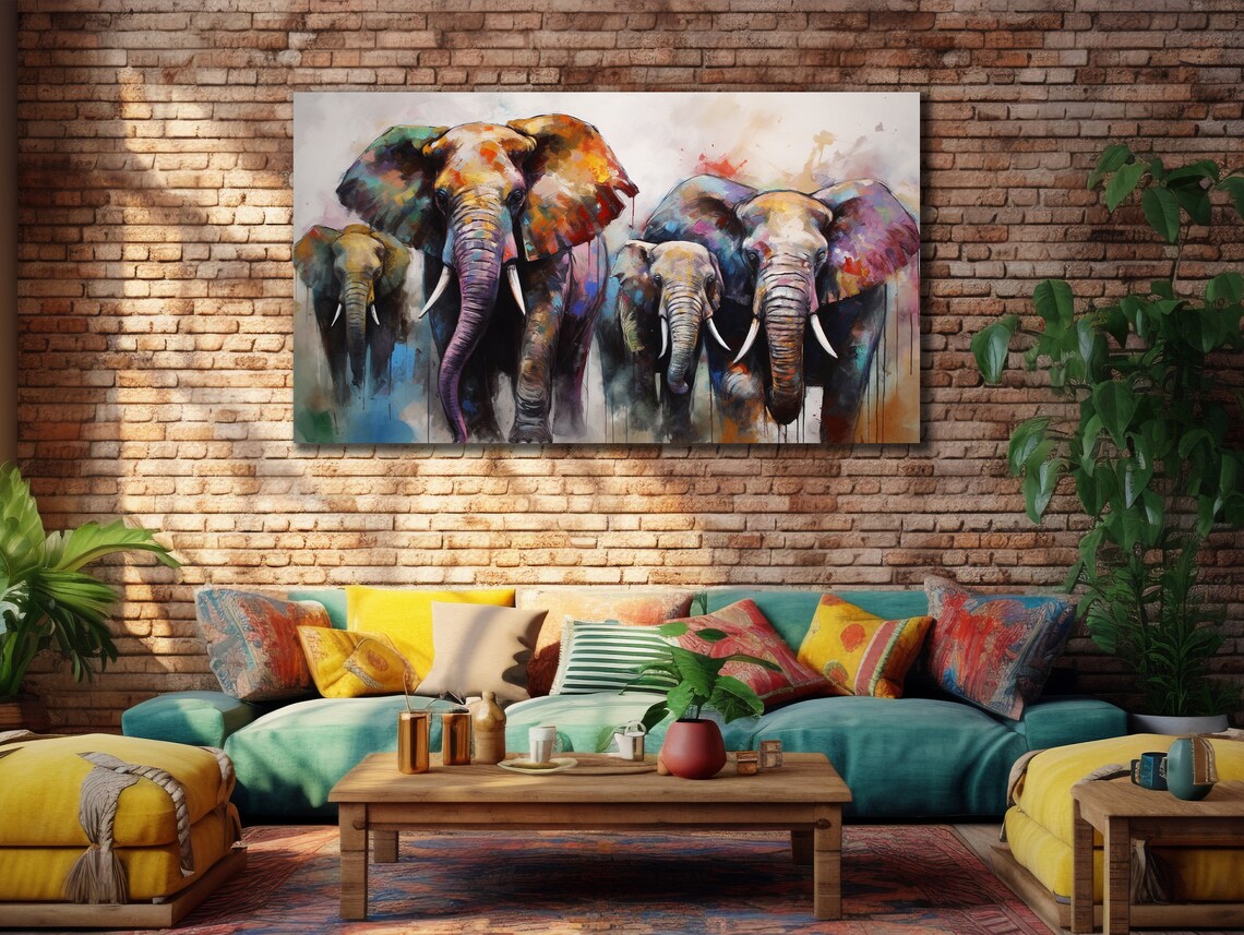 Elephant Herd Watercolor Colorful Wildlife Painting Family Wall Art Poster - Image 2