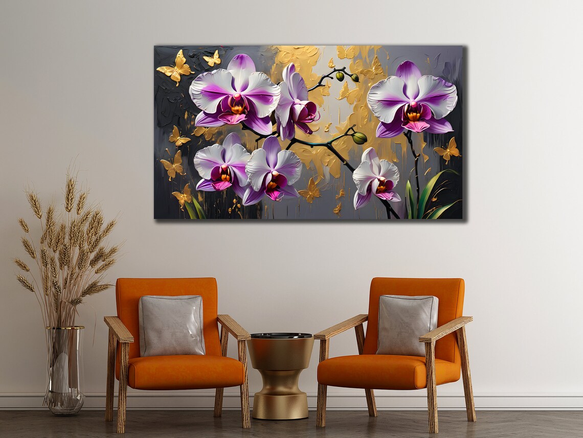 Purple Orchid Flowers Gold Butterflies Textured Floral Wall Art Print - Image 2