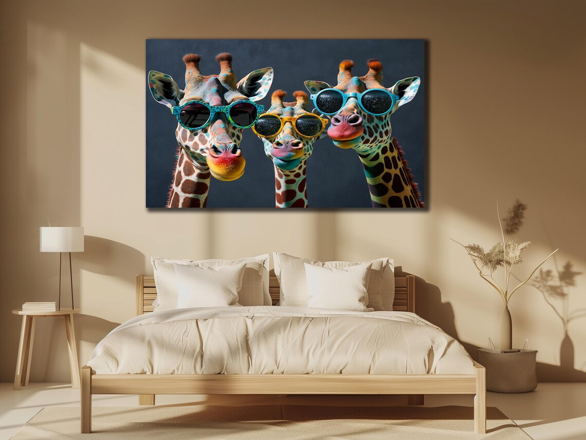 Three Giraffes Wearing Colorful Sunglasses Funny Safari Animal Wall Art Poster