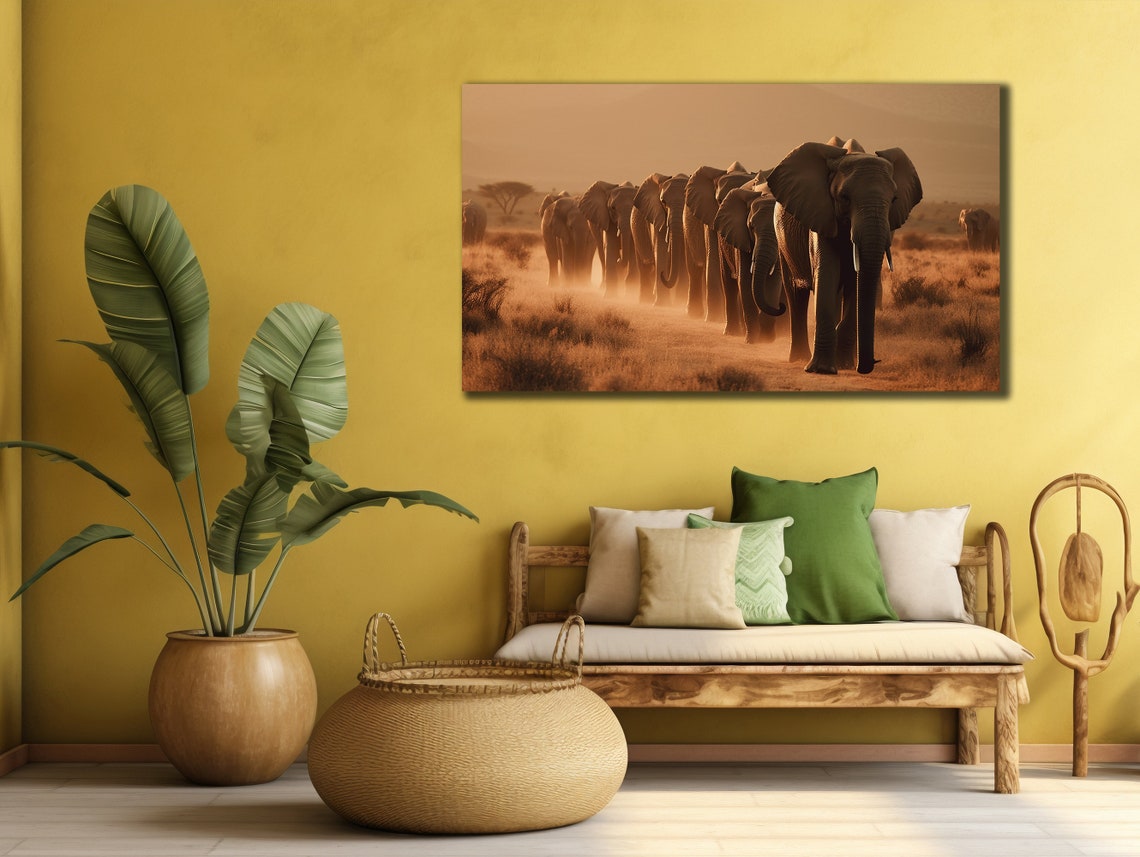 Elephant Herd Walking Savanna Golden Dust African Wildlife Poster