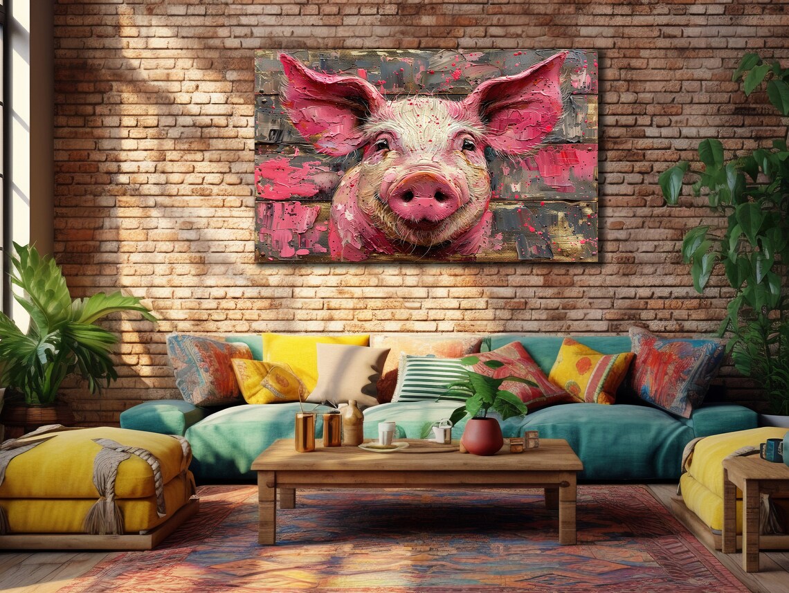 Happy Pink Pig Rustic Wood Background Farmhouse Wall Art Poster